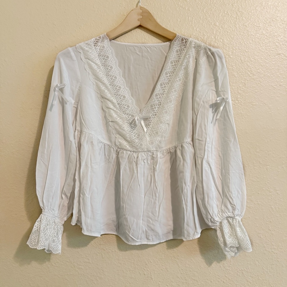 Long Sleeve Loose Blouse Lace Trim  Bow V Neck Sheer Blouse Top